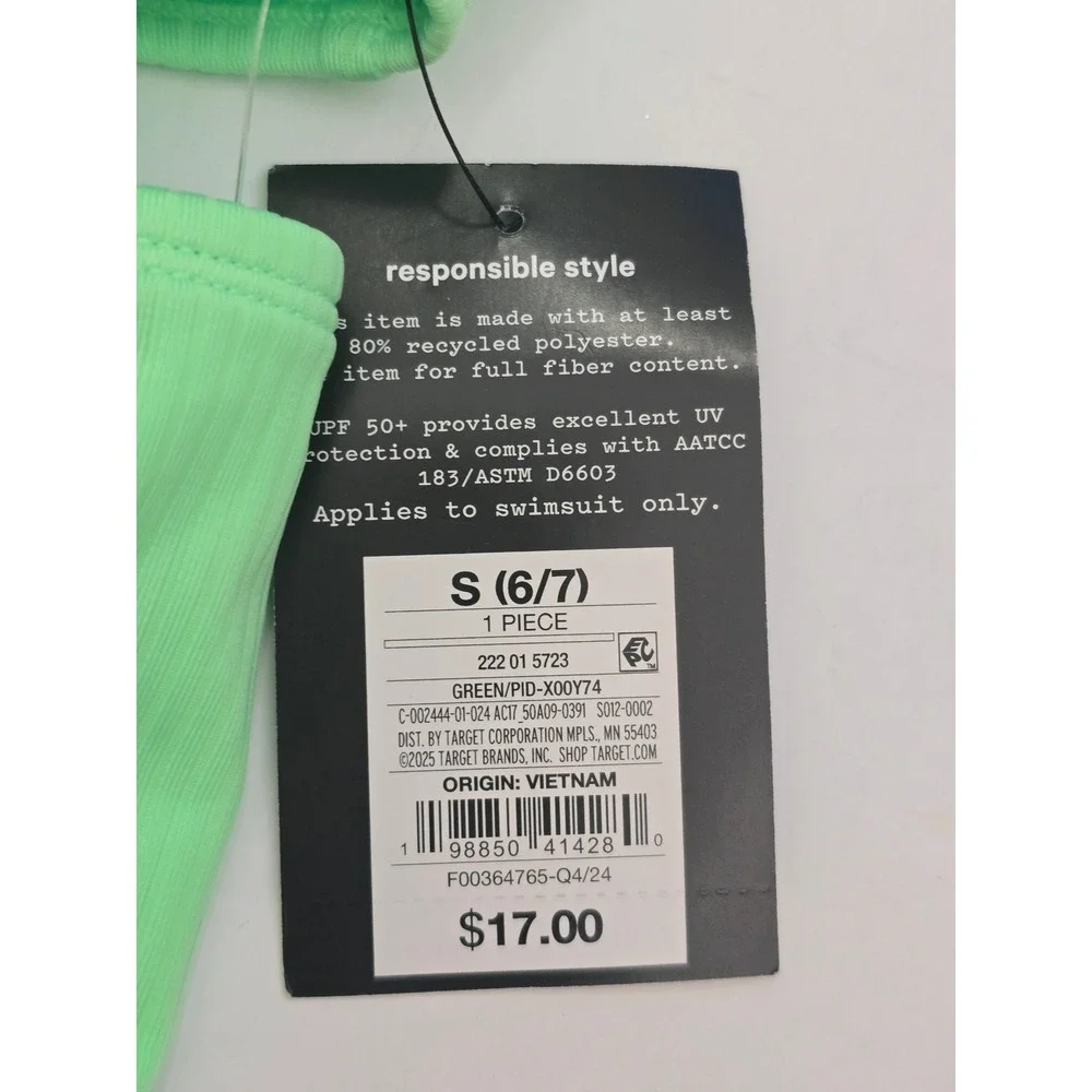 Art Class Girl Lime Green Ribbed One Piece Swimsuit Cutout Multi Strap S 6/7 NWT